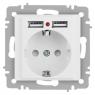 Розетка 1-м СП Accent 6-410-01М 16А IP20 250В P+E Schuko защ. шторки + 2хUSB бел. матов. Intro Б0063691