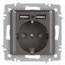 Розетка 1-м СП Accent 6-410-09 16А IP20 250В P+E Schuko + 2хUSB защ. шторки титан Intro Б0063711